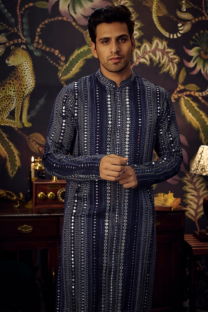 Midnight Blue Georgette Mirror Embellished Kurta by Kasbah Clothing at Pernia's Pop Up Shop