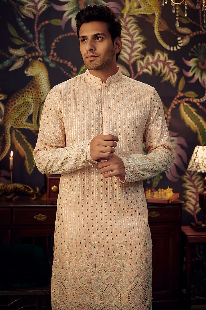 Powder Pink Georgette Thread Work Kurta by Kasbah Clothing at Pernia's Pop Up Shop