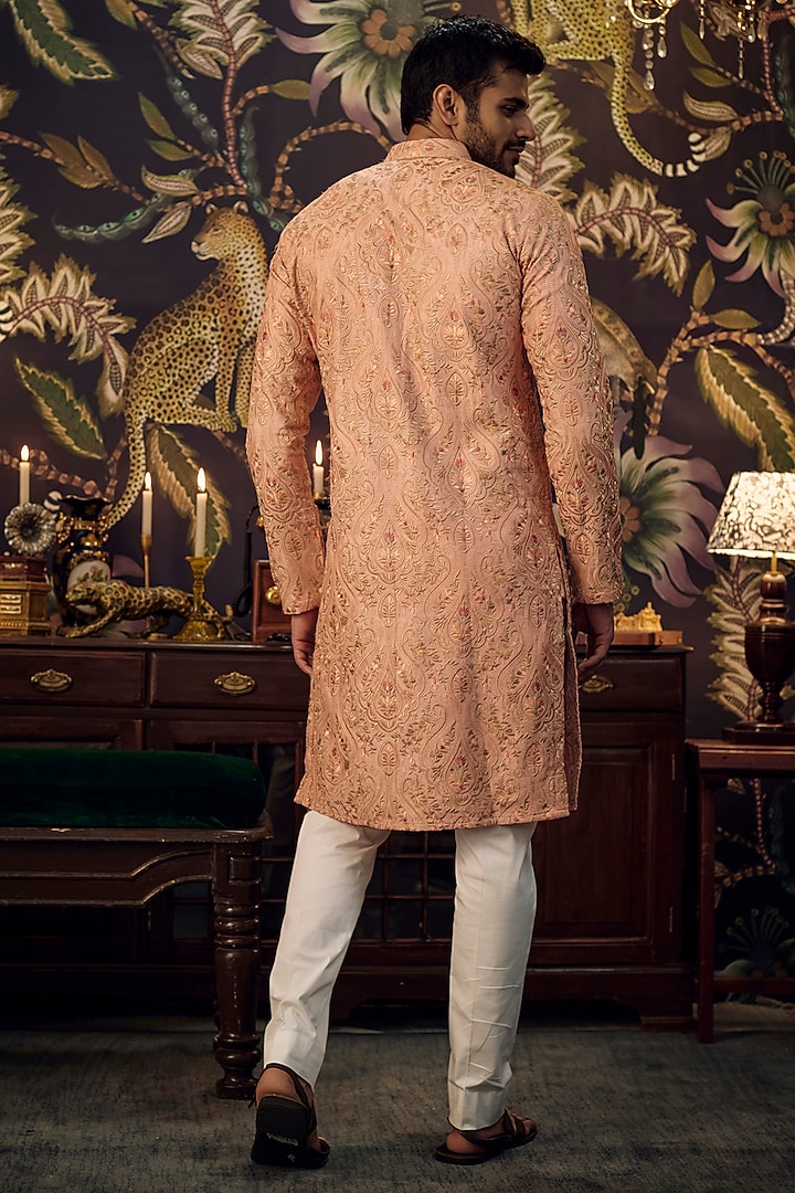 Peach Silk Kashmiri Embroidered Kurta by Kasbah Clothing at Pernia's Pop Up Shop