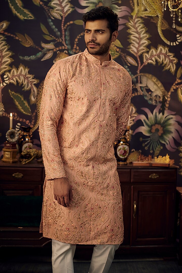 Peach Silk Kashmiri Embroidered Kurta by Kasbah Clothing at Pernia's Pop Up Shop