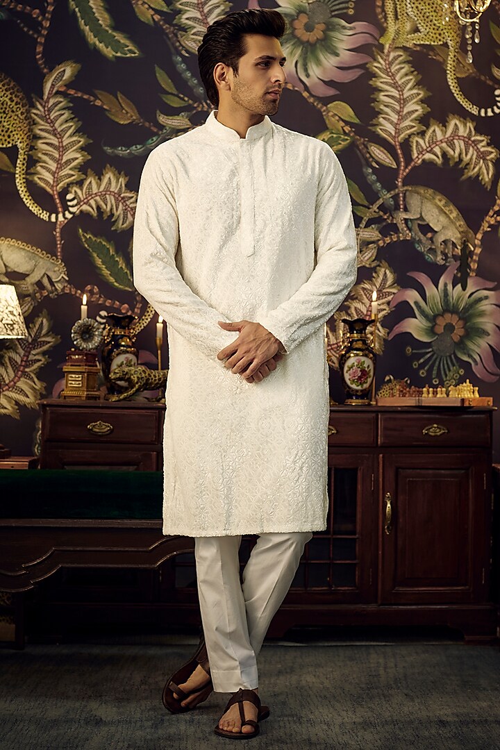 White Velvet Thread Embroidered Kurta by Kasbah Clothing