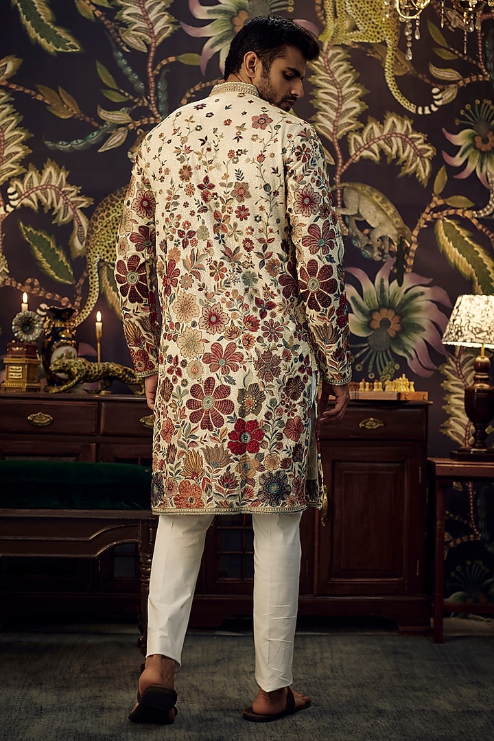 Ivory Georgette Floral Embroidered Kurta by Kasbah Clothing at Pernia's Pop Up Shop