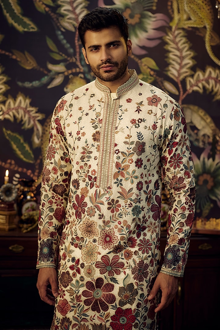 Ivory Georgette Floral Embroidered Kurta by Kasbah Clothing at Pernia's Pop Up Shop