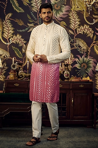 Cream & Fuchsia Ombre Silk Mirror Work Kurta by Kasbah Clothing