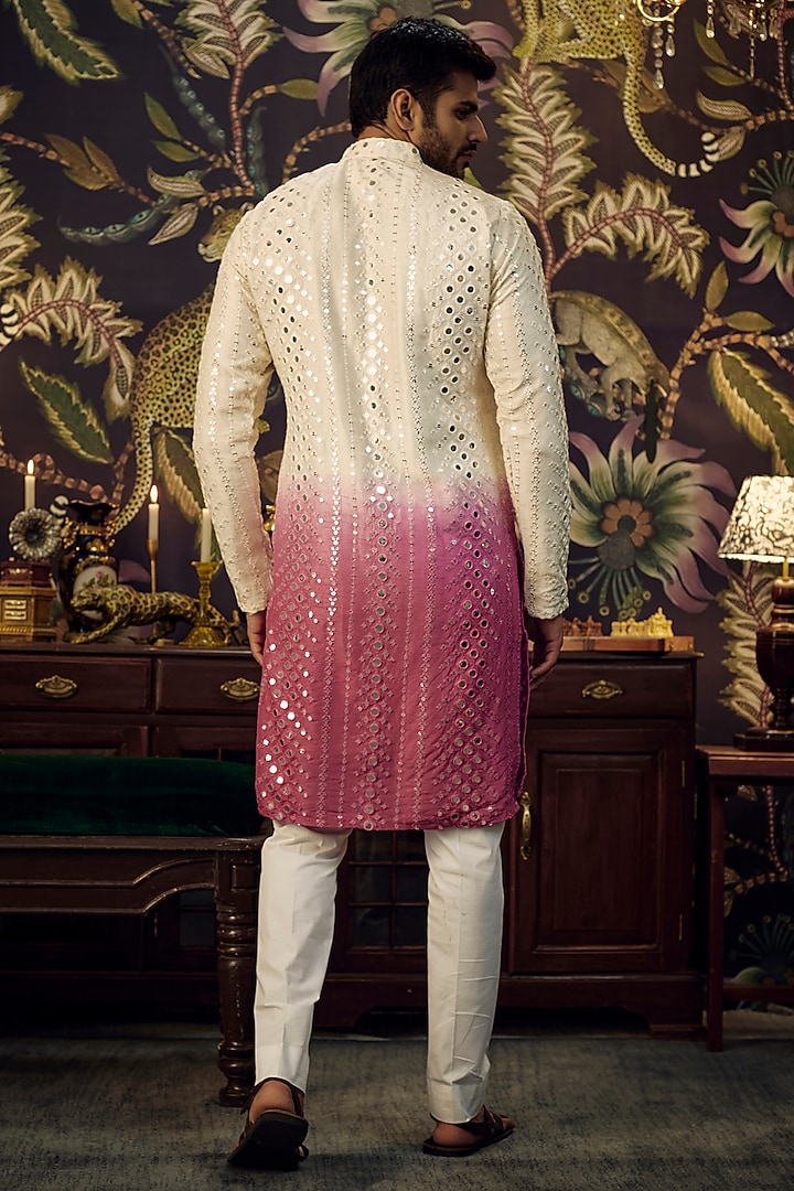 Cream & Fuchsia Ombre Silk Mirror Work Kurta by Kasbah Clothing at Pernia's Pop Up Shop