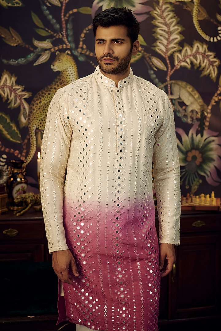 Cream & Fuchsia Ombre Silk Mirror Work Kurta by Kasbah Clothing at Pernia's Pop Up Shop