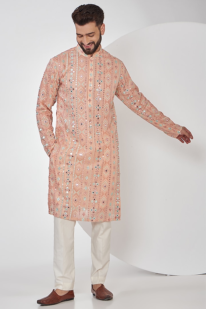 Peach Georgette Mirror Embroidered Kurta Set by Kasbah Clothing