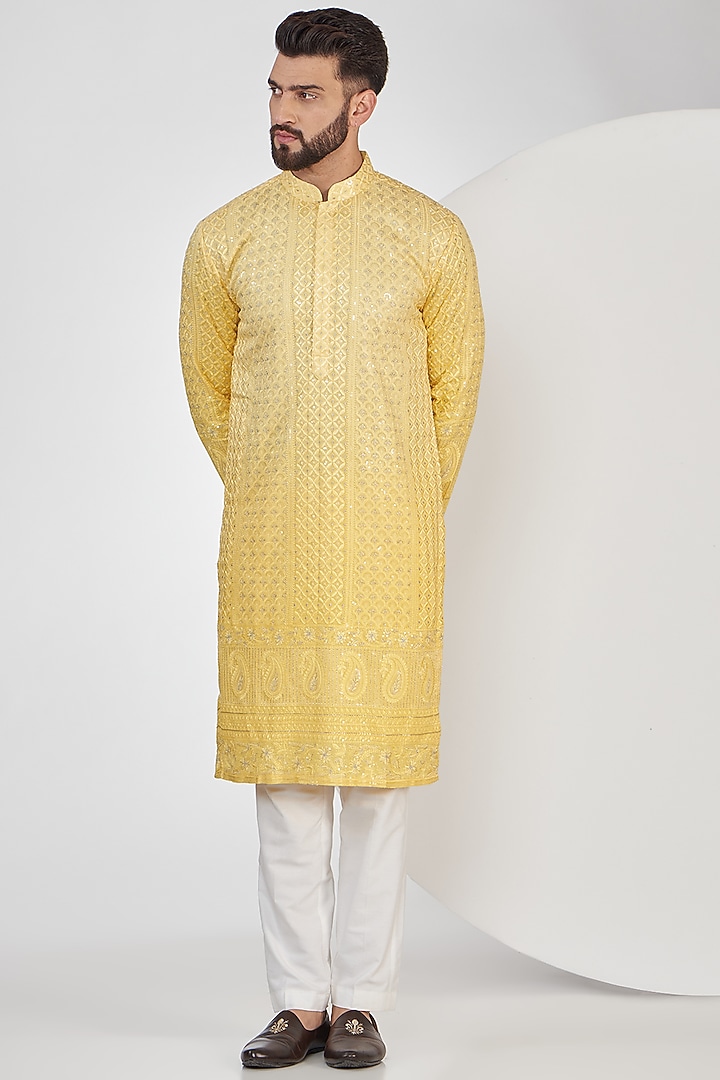 Light Yellow Ombre Georgette Sequins Work Chikankari Kurta Set by Kasbah Clothing at Pernia's Pop Up Shop