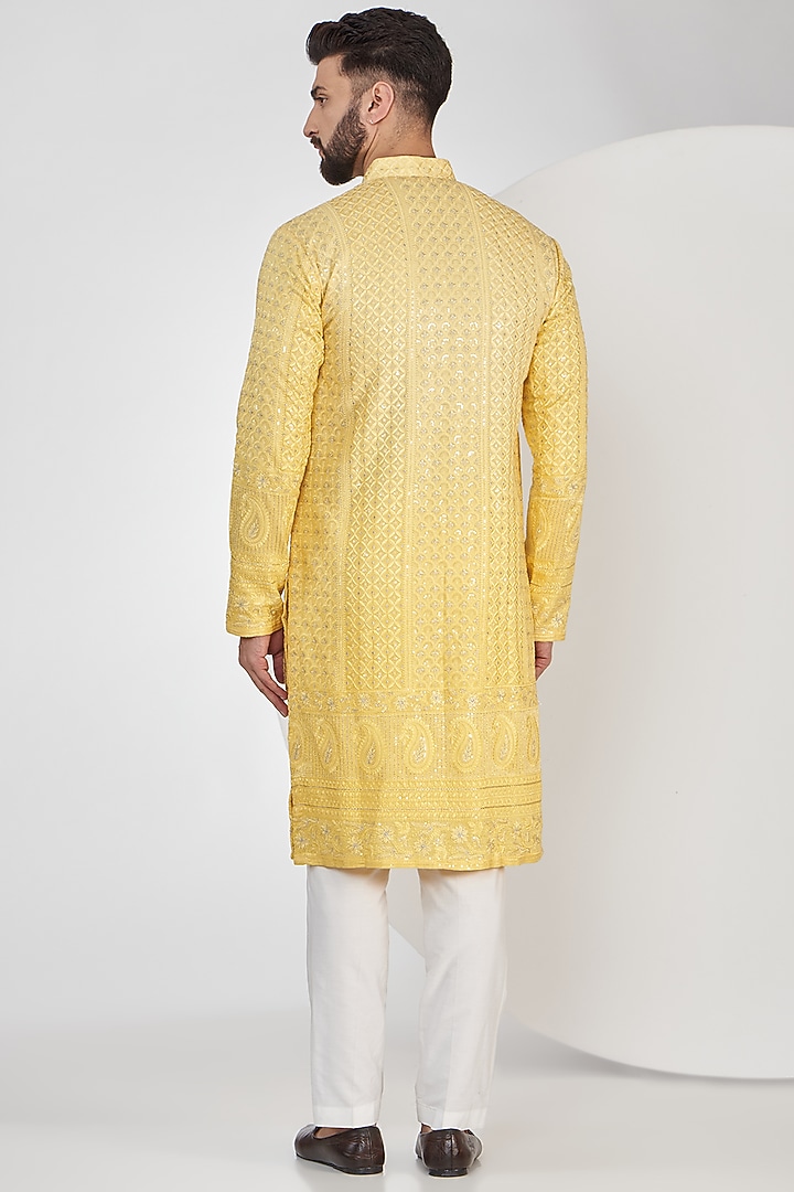 Light Yellow Ombre Georgette Sequins Work Chikankari Kurta Set by Kasbah Clothing at Pernia's Pop Up Shop