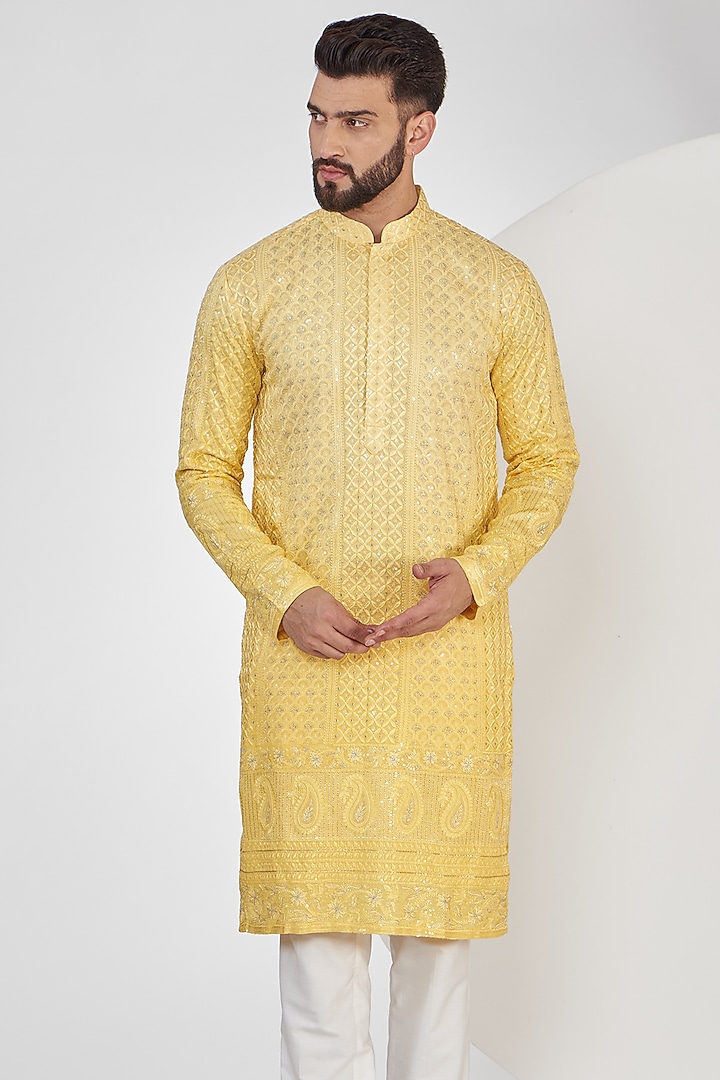 Light Yellow Ombre Georgette Sequins Work Chikankari Kurta Set by Kasbah Clothing at Pernia's Pop Up Shop
