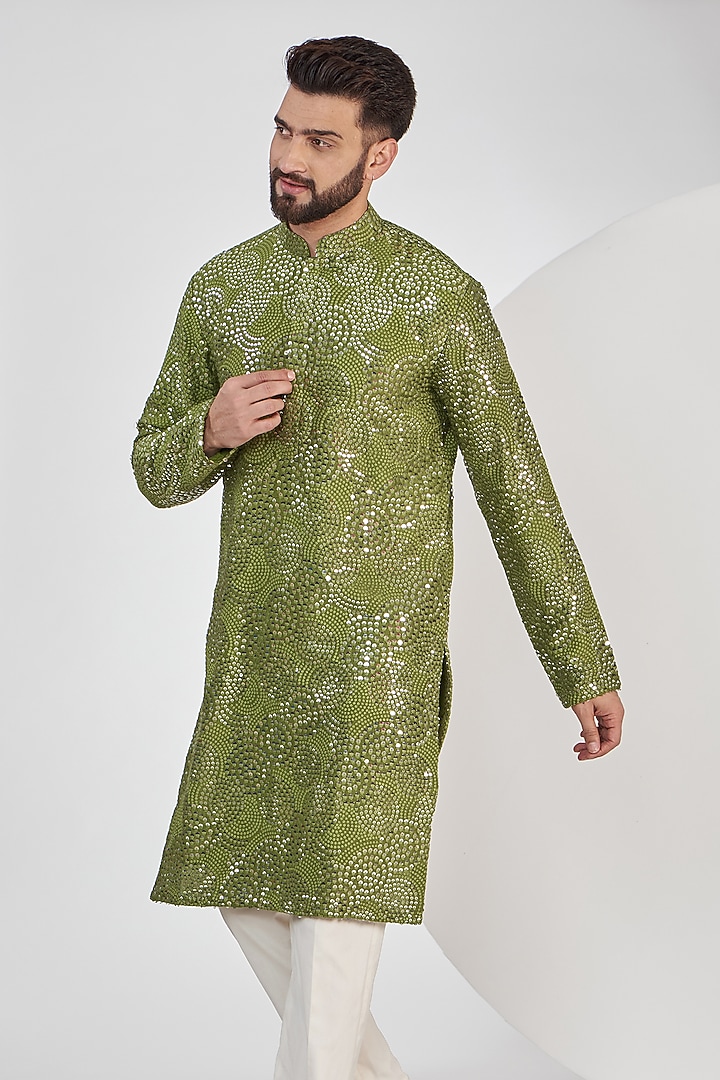 Mehendi Green Silk Sequins Work Kurta Set by Kasbah Clothing at Pernia's Pop Up Shop
