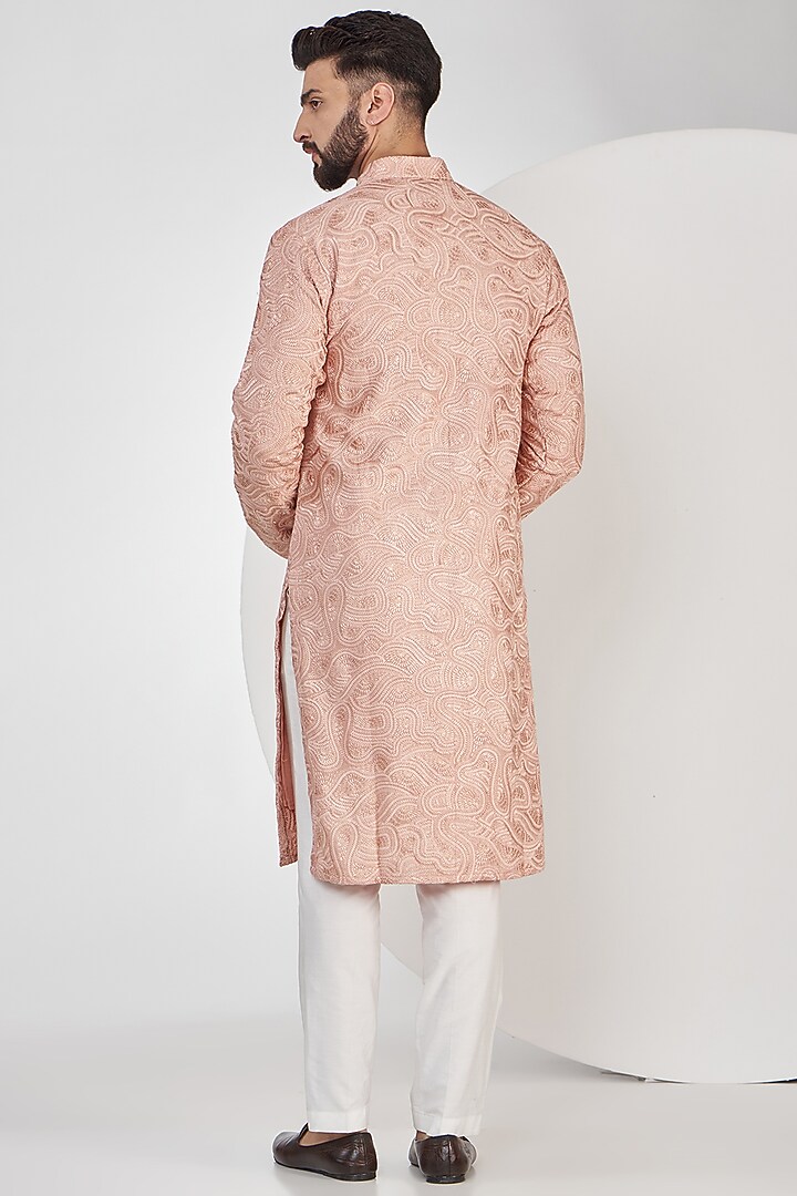 Peach Silk Thread Embroidered Chikankari Kurta Set by Kasbah Clothing at Pernia's Pop Up Shop