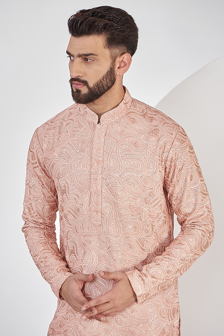 Peach Silk Thread Embroidered Chikankari Kurta Set by Kasbah Clothing at Pernia's Pop Up Shop