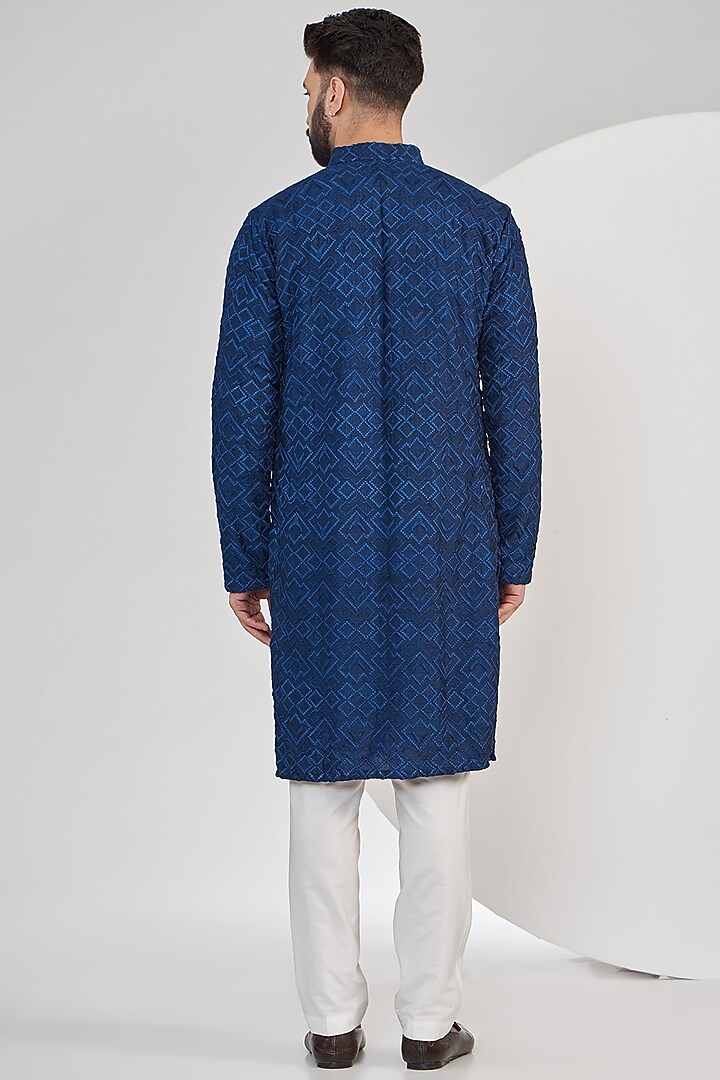 Bright Navy Blue Silk Thread Embroidered Kurta Set by Kasbah Clothing at Pernia's Pop Up Shop