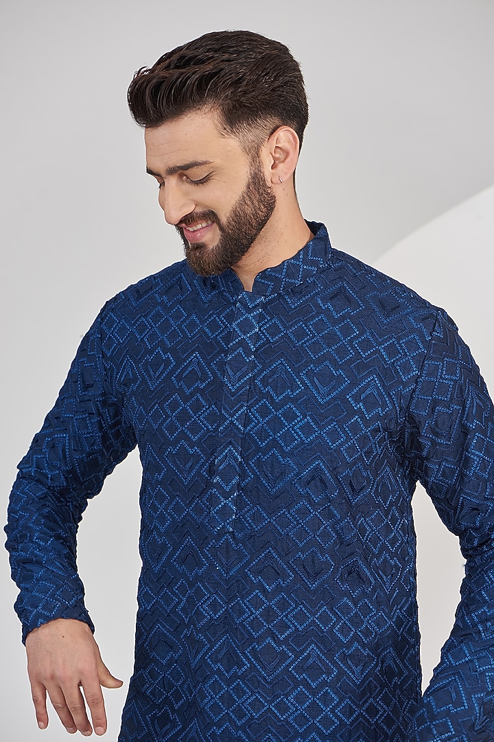 Bright Navy Blue Silk Thread Embroidered Kurta Set by Kasbah Clothing at Pernia's Pop Up Shop