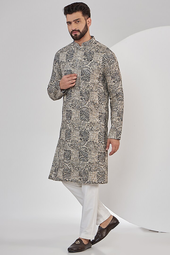 Grey & White Georgette Sequins Embroidered Kurta Set by Kasbah Clothing
