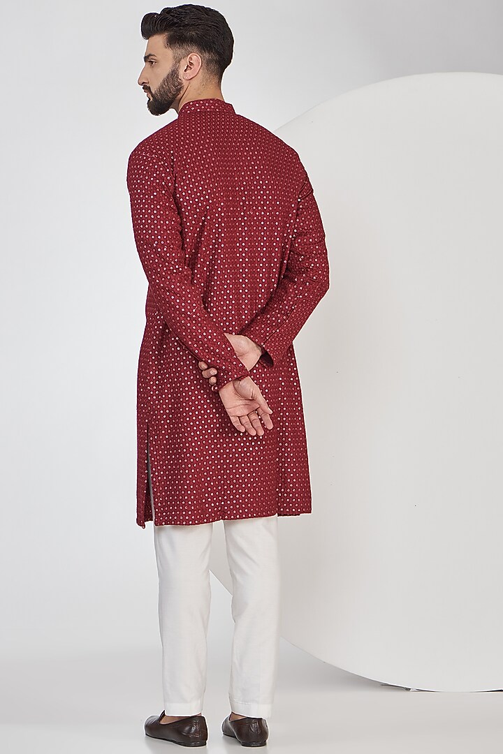 Maroon Silk Sequins Embroidered Chikankari Kurta Set by Kasbah Clothing at Pernia's Pop Up Shop