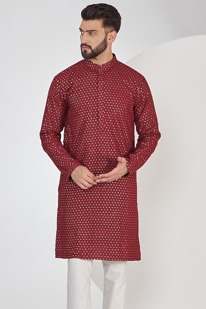 Maroon Silk Sequins Embroidered Chikankari Kurta Set by Kasbah Clothing at Pernia's Pop Up Shop