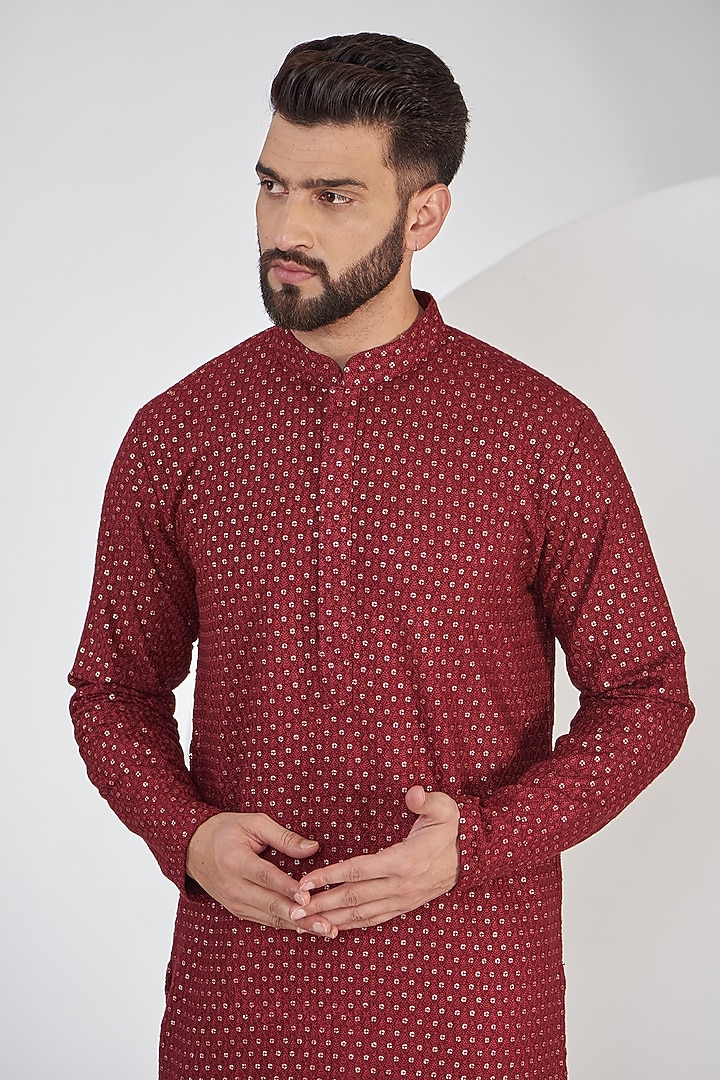 Maroon Silk Sequins Embroidered Chikankari Kurta Set by Kasbah Clothing at Pernia's Pop Up Shop