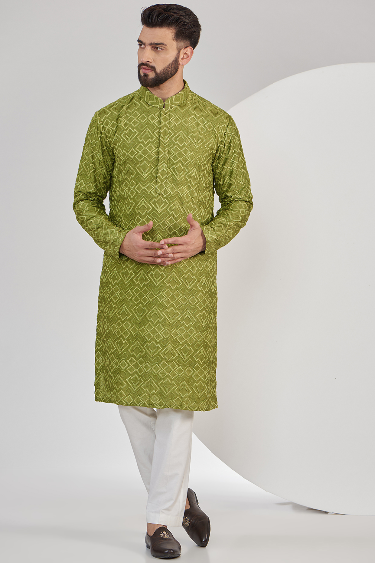 Parrot Green Silk Geometric Embroidered Chikankari Kurta Set by Kasbah Clothing at Pernia's Pop Up Shop