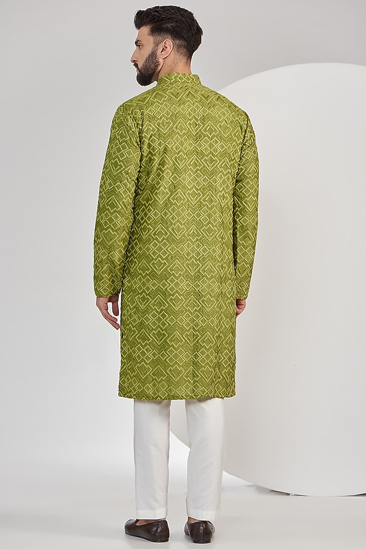Parrot Green Silk Geometric Embroidered Chikankari Kurta Set by Kasbah Clothing at Pernia's Pop Up Shop
