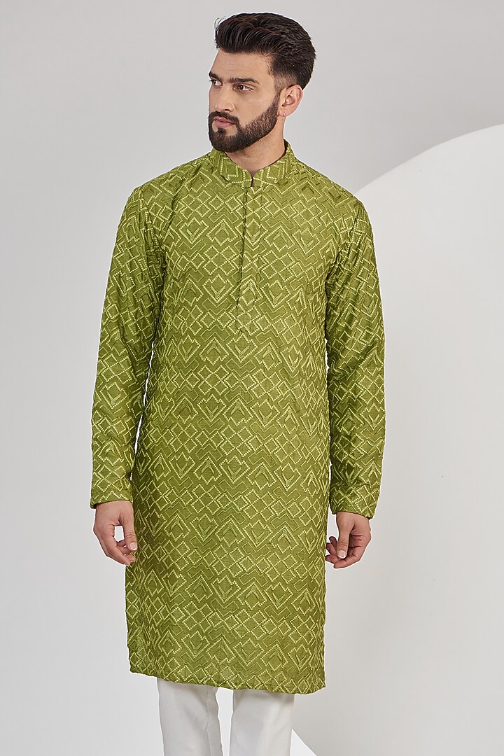Parrot Green Silk Geometric Embroidered Chikankari Kurta Set by Kasbah Clothing at Pernia's Pop Up Shop