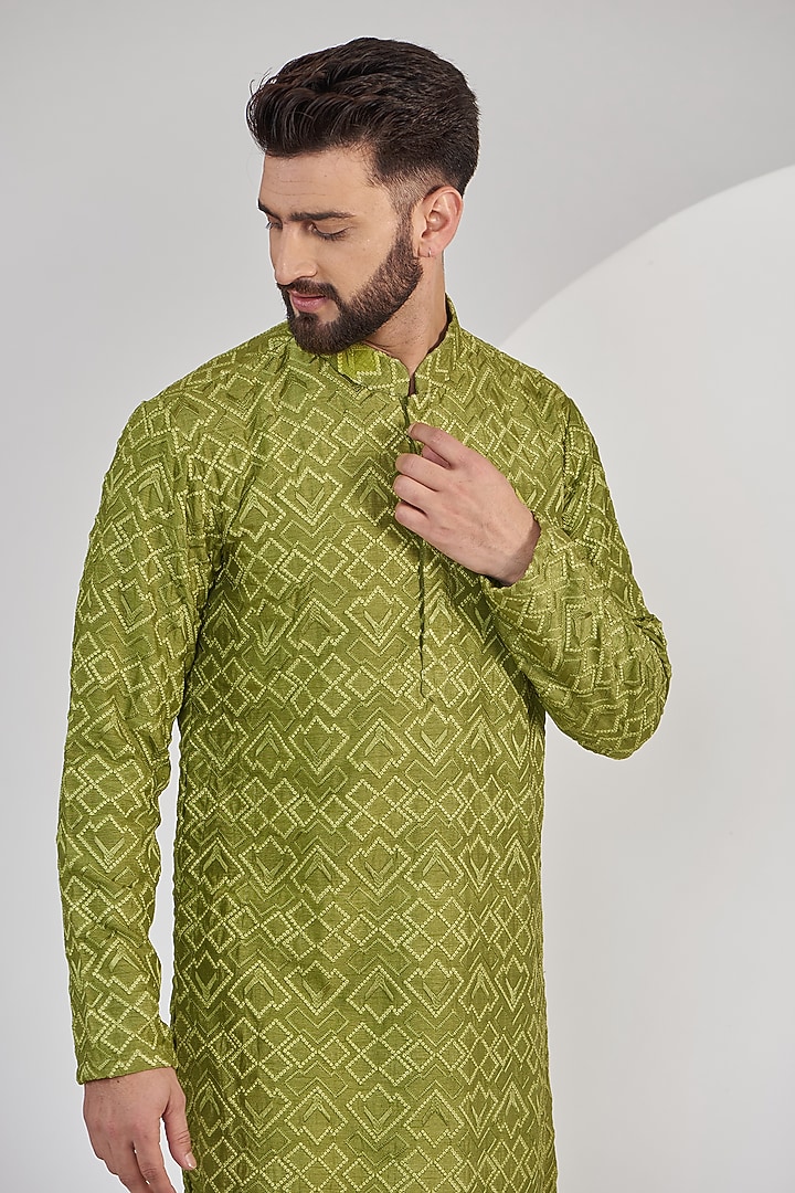Parrot Green Silk Geometric Embroidered Chikankari Kurta Set by Kasbah Clothing at Pernia's Pop Up Shop