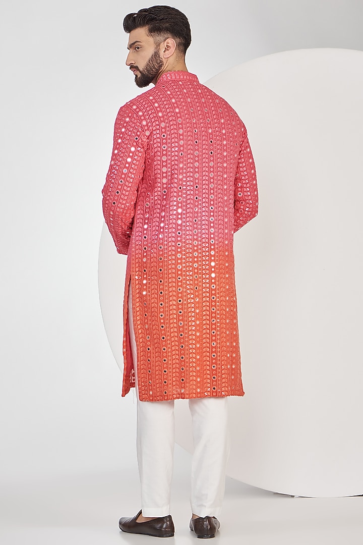 Pink & Orange Ombre Georgette Mirror Work Kurta Set by Kasbah Clothing at Pernia's Pop Up Shop
