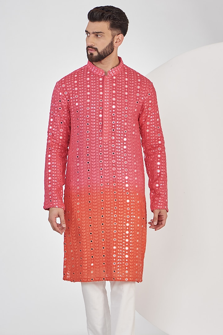 Pink & Orange Ombre Georgette Mirror Work Kurta Set by Kasbah Clothing at Pernia's Pop Up Shop