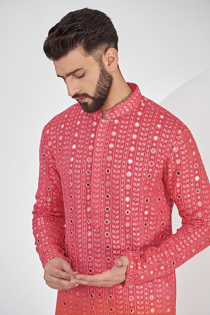 Pink & Orange Ombre Georgette Mirror Work Kurta Set by Kasbah Clothing at Pernia's Pop Up Shop