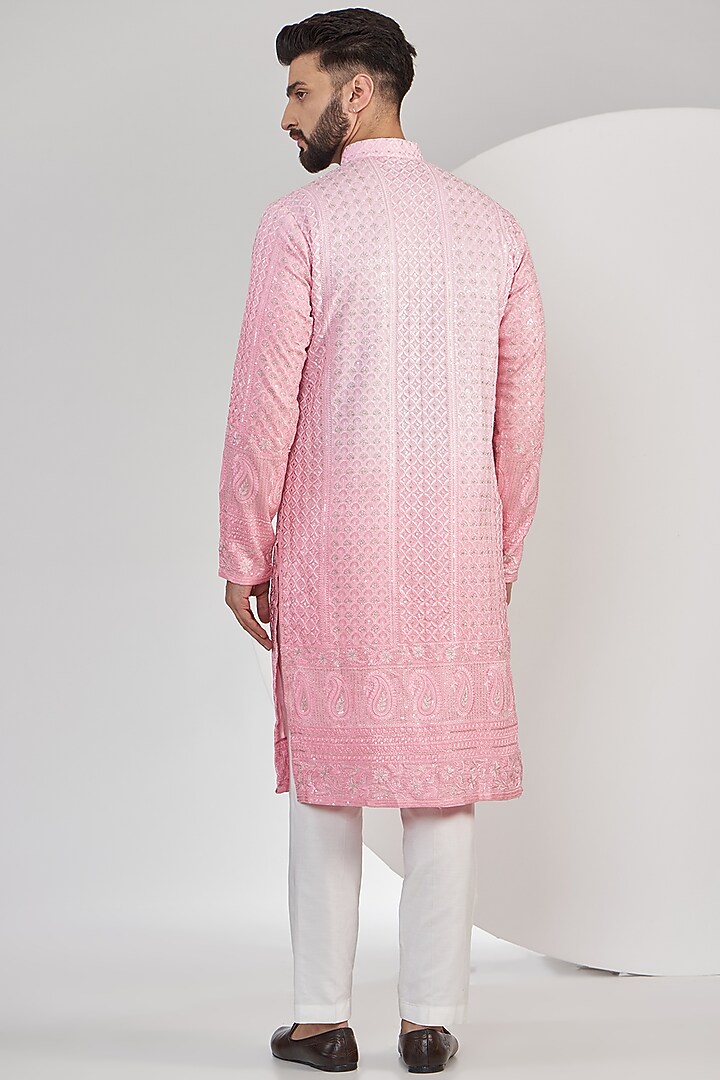 Light Pink Ombre Georgette Sequins Work Chikankari Kurta Set by Kasbah Clothing at Pernia's Pop Up Shop