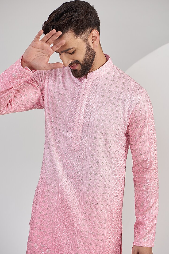 Light Pink Ombre Georgette Sequins Work Chikankari Kurta Set by Kasbah Clothing at Pernia's Pop Up Shop