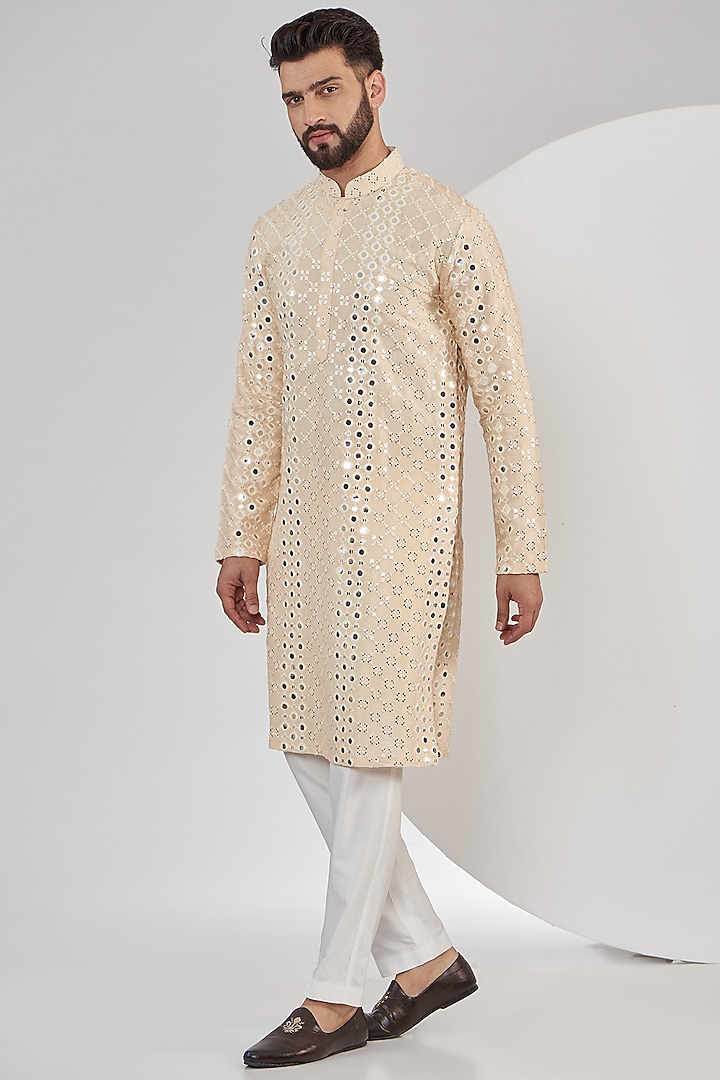 Light Beige Silk Mirror Work Kurta Set by Kasbah Clothing at Pernia's Pop Up Shop