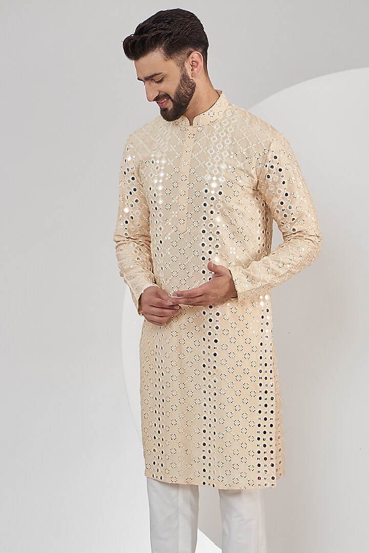 Light Beige Silk Mirror Work Kurta Set by Kasbah Clothing at Pernia's Pop Up Shop