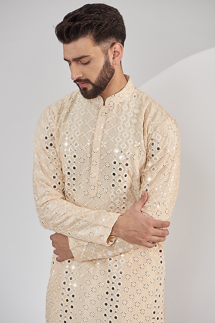 Light Beige Silk Mirror Work Kurta Set by Kasbah Clothing at Pernia's Pop Up Shop