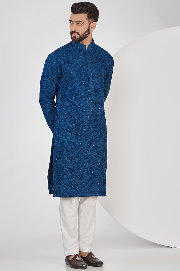 Bright Navy Blue Silk Chikankari Kurta Set by Kasbah Clothing at Pernia ...