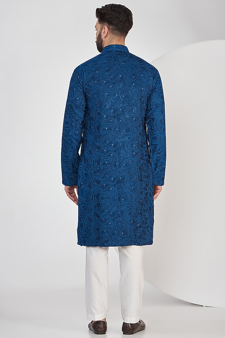 Bright Navy Blue Silk Chikankari Kurta Set by Kasbah Clothing at Pernia's Pop Up Shop