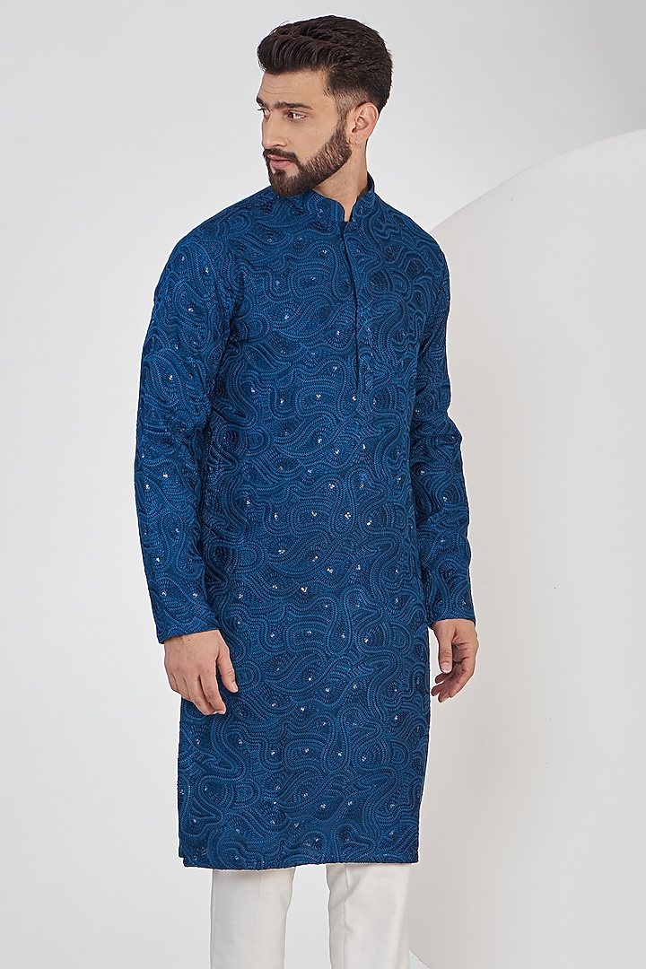Bright Navy Blue Silk Chikankari Kurta Set by Kasbah Clothing at Pernia's Pop Up Shop