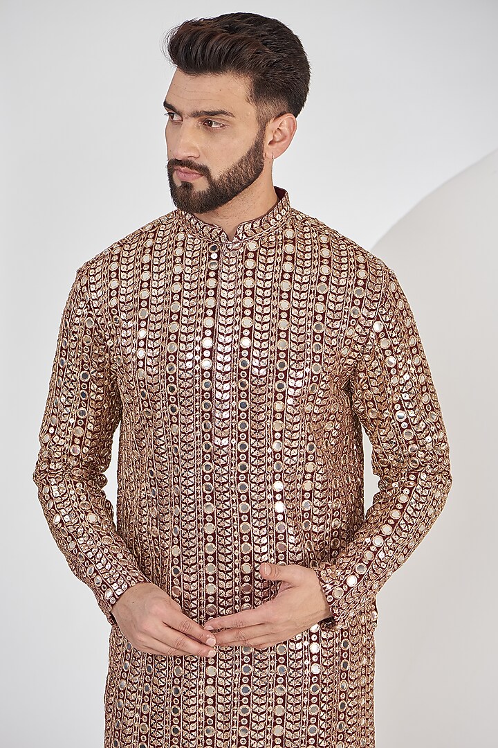Maroon Georgette Mirror Work Kurta Set by Kasbah Clothing at Pernia's Pop Up Shop