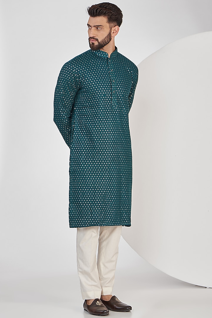 Teal Silk Sequins Work Chikankari Kurta Set by Kasbah Clothing
