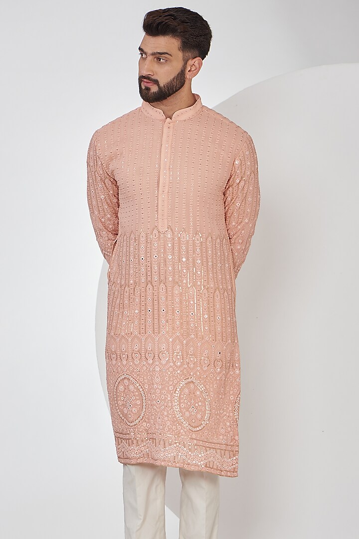 Peach Georgette Embroidered Chikankari Kurta Set by Kasbah Clothing at Pernia's Pop Up Shop