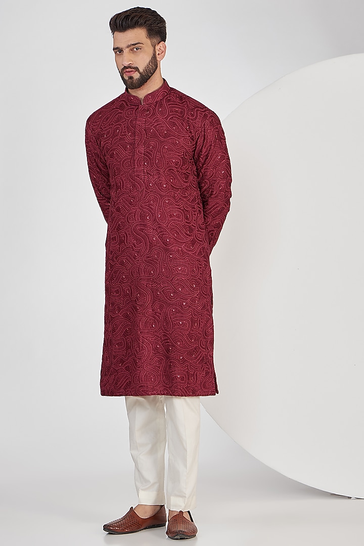 Maroon Silk Thread Work Kurta Set by Kasbah Clothing
