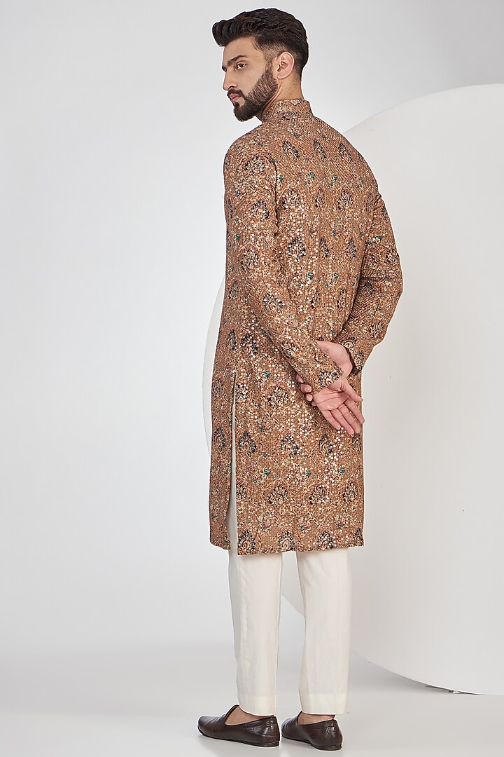 Tan Brown Georgtte Printed & Embroidered Kurta Set by Kasbah Clothing at Pernia's Pop Up Shop