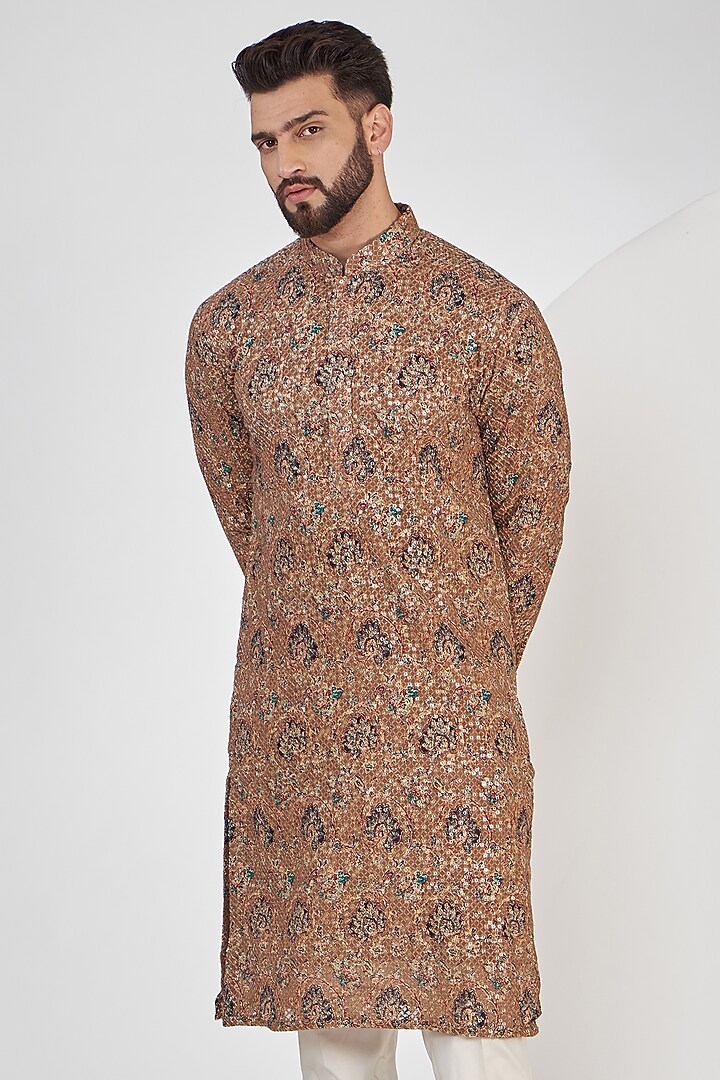 Tan Brown Georgtte Printed & Embroidered Kurta Set by Kasbah Clothing at Pernia's Pop Up Shop