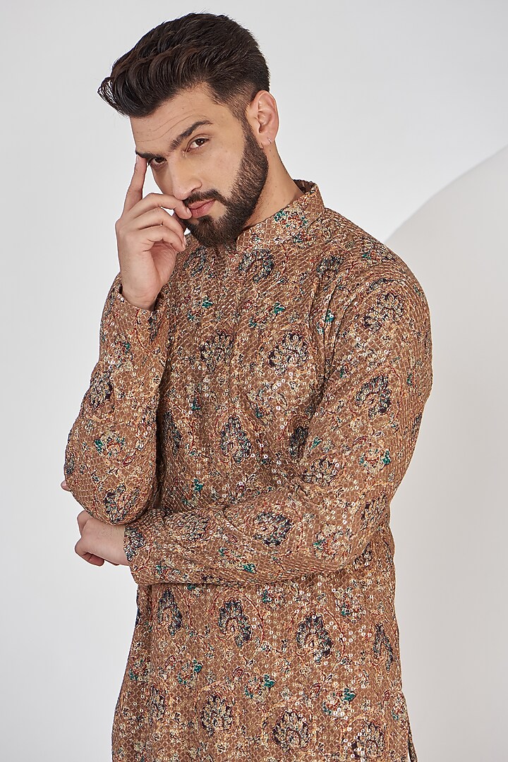 Tan Brown Georgtte Printed & Embroidered Kurta Set by Kasbah Clothing at Pernia's Pop Up Shop
