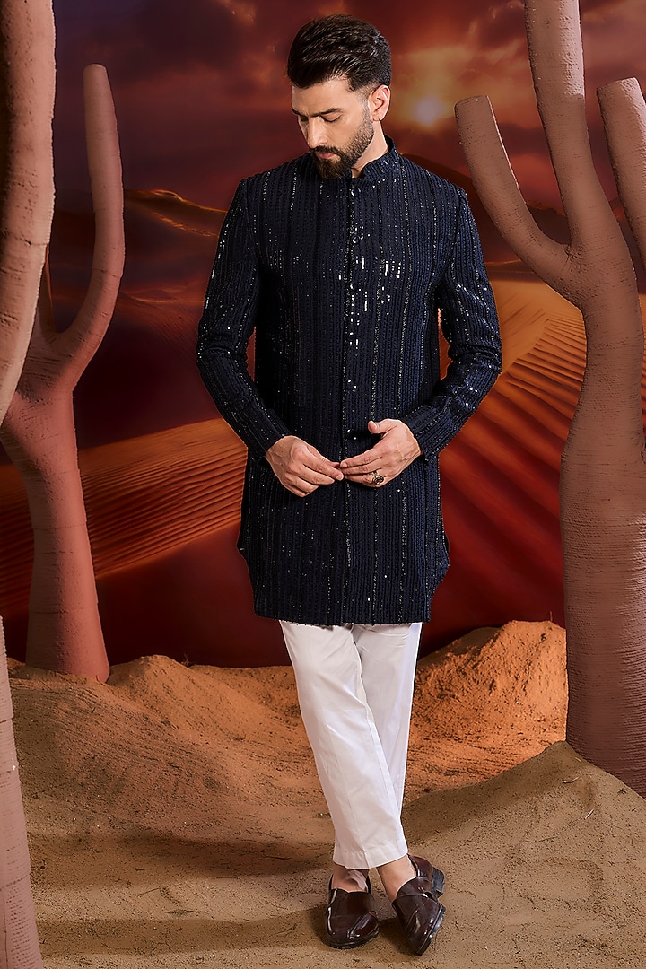 Navy Blue Silk Cutdana Embellished Wedding Indowestern Jacket by Kasbah Clothing at Pernia's Pop Up Shop