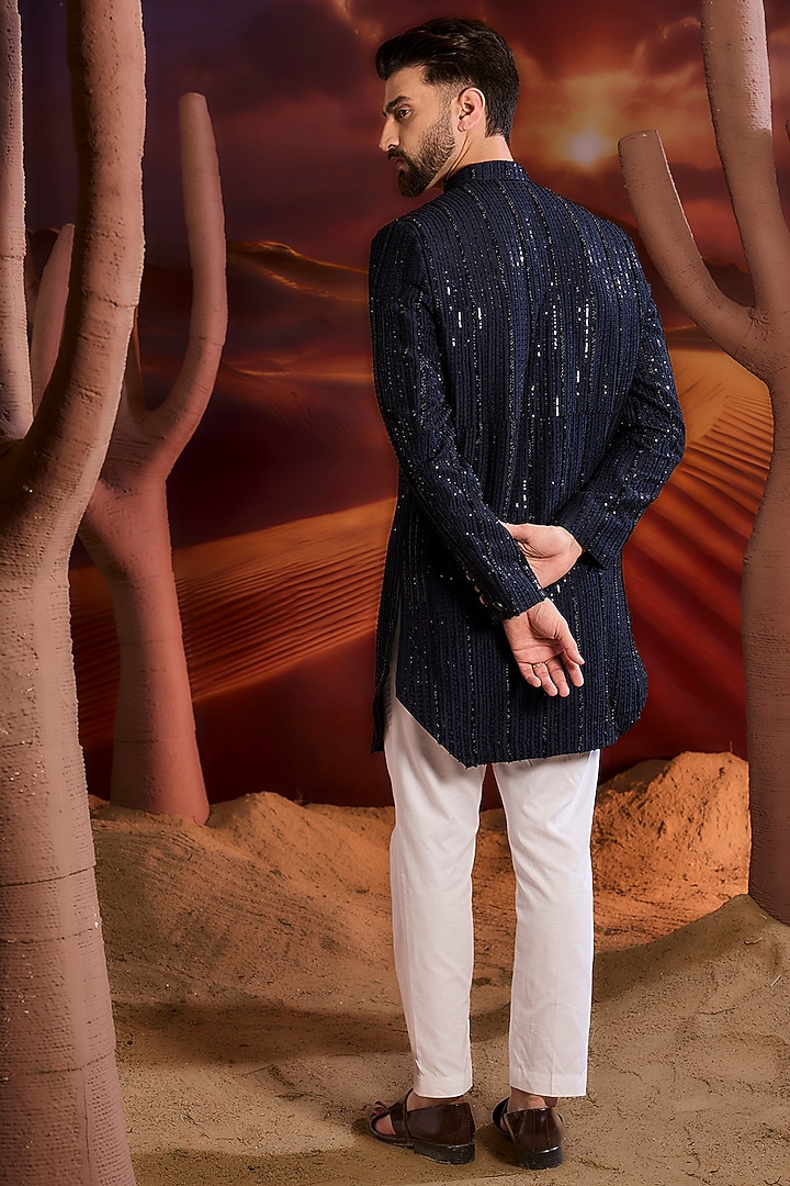 Navy Blue Silk Cutdana Embellished Wedding Indowestern Jacket by Kasbah Clothing at Pernia's Pop Up Shop