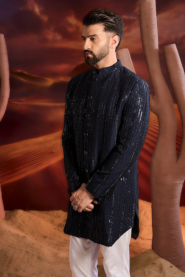 Navy Blue Silk Cutdana Embellished Wedding Indowestern Jacket by Kasbah Clothing at Pernia's Pop Up Shop