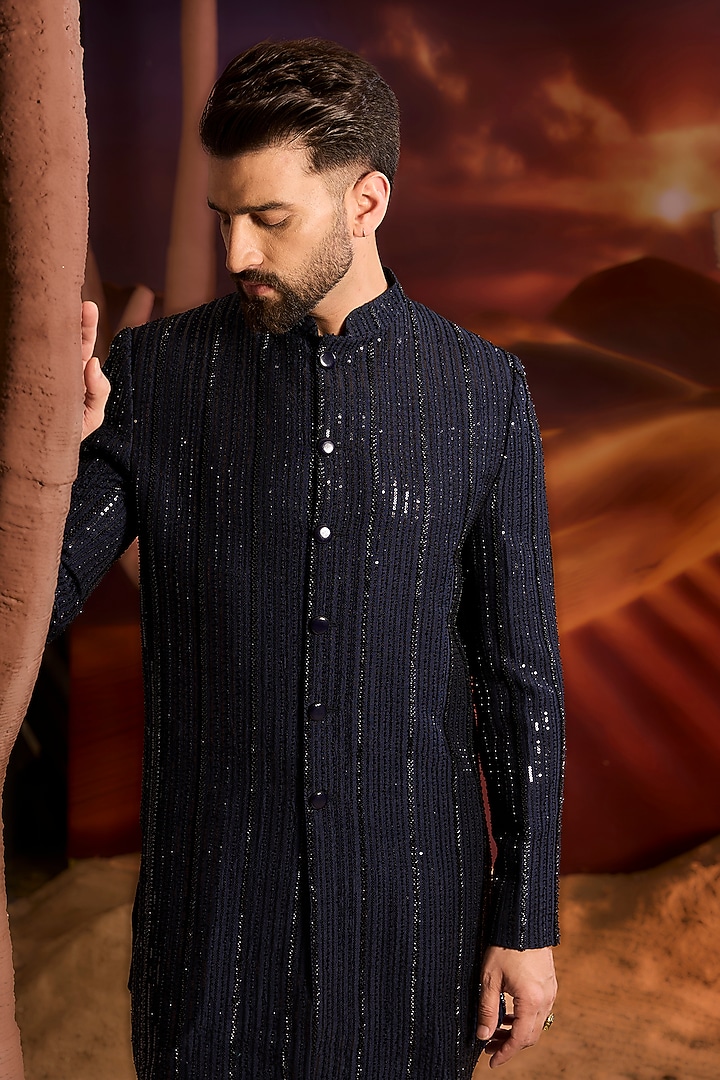 Navy Blue Silk Cutdana Embellished Wedding Indowestern Jacket by Kasbah Clothing at Pernia's Pop Up Shop