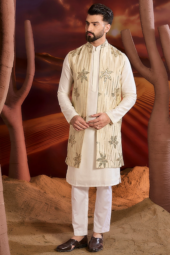 Gold Tissue Floral Embroidered Long Indowestern Jacket by Kasbah Clothing at Pernia's Pop Up Shop